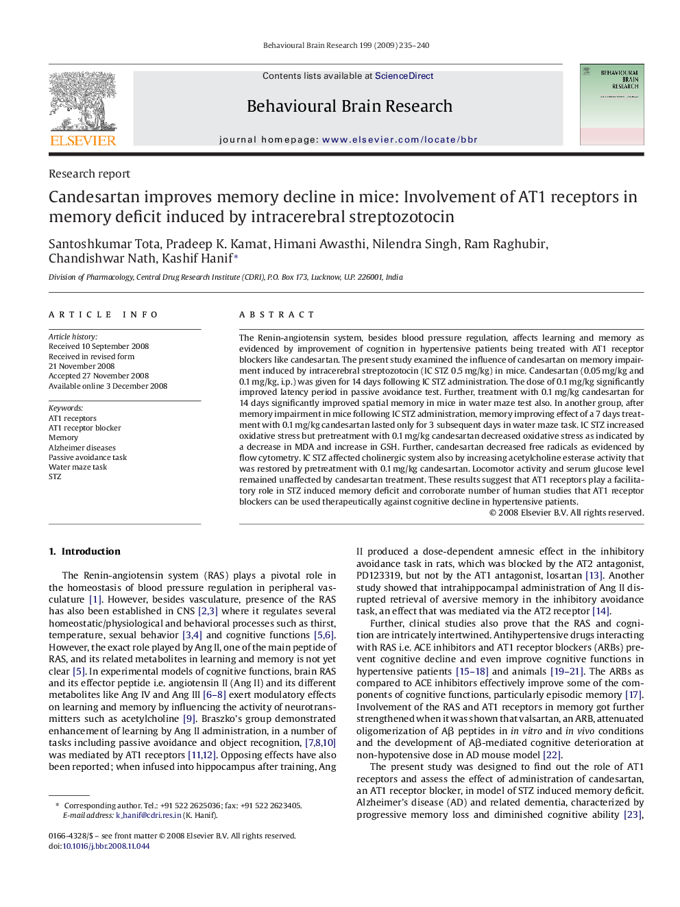 Candesartan improves memory decline in mice: Involvement of AT1 receptors in memory deficit induced by intracerebral streptozotocin