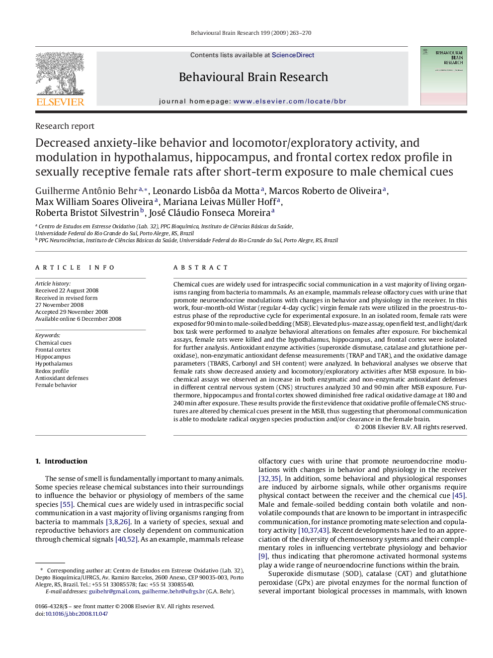 Decreased anxiety-like behavior and locomotor/exploratory activity, and modulation in hypothalamus, hippocampus, and frontal cortex redox profile in sexually receptive female rats after short-term exposure to male chemical cues