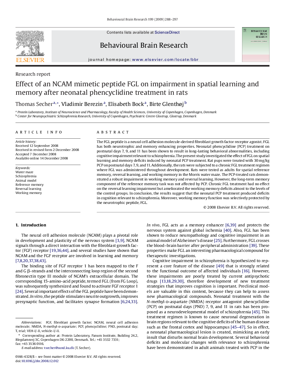 Effect of an NCAM mimetic peptide FGL on impairment in spatial learning and memory after neonatal phencyclidine treatment in rats