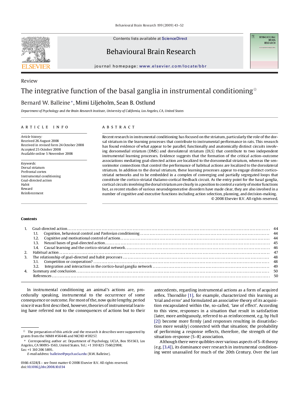 The integrative function of the basal ganglia in instrumental conditioning 