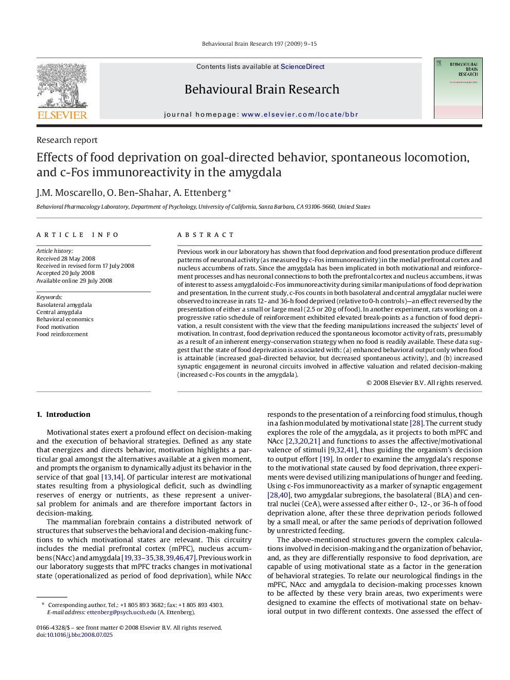 Effects of food deprivation on goal-directed behavior, spontaneous locomotion, and c-Fos immunoreactivity in the amygdala