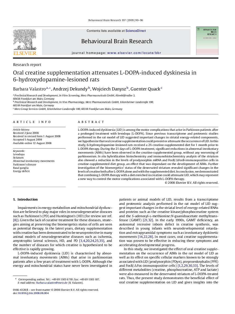 Oral creatine supplementation attenuates L-DOPA-induced dyskinesia in 6-hydroxydopamine-lesioned rats