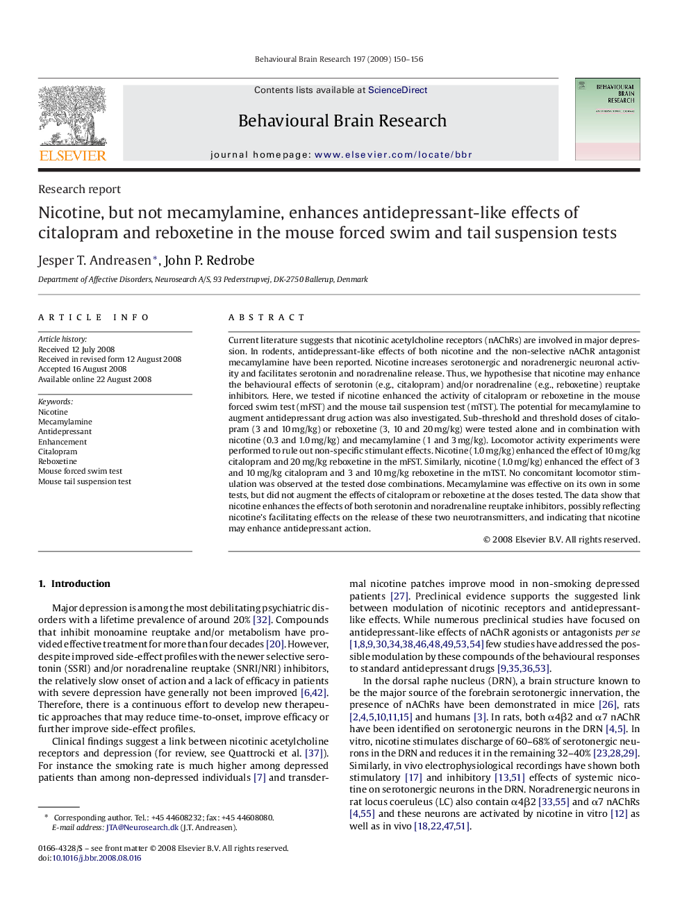 Nicotine, but not mecamylamine, enhances antidepressant-like effects of citalopram and reboxetine in the mouse forced swim and tail suspension tests