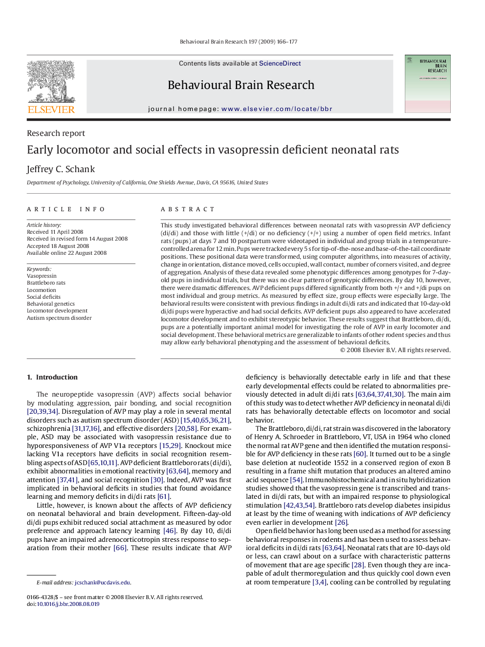 Early locomotor and social effects in vasopressin deficient neonatal rats