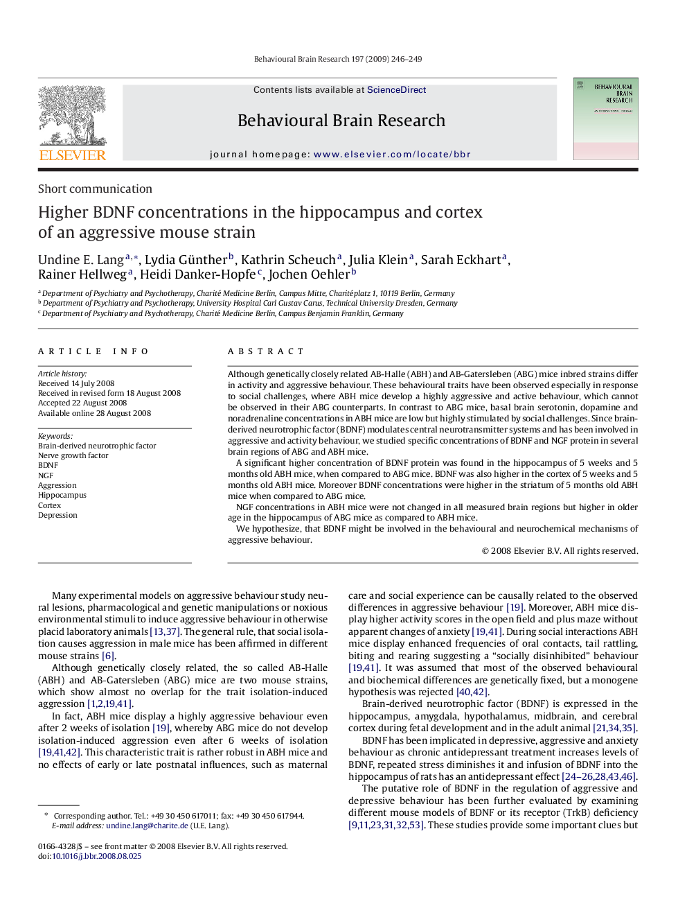 Higher BDNF concentrations in the hippocampus and cortex of an aggressive mouse strain