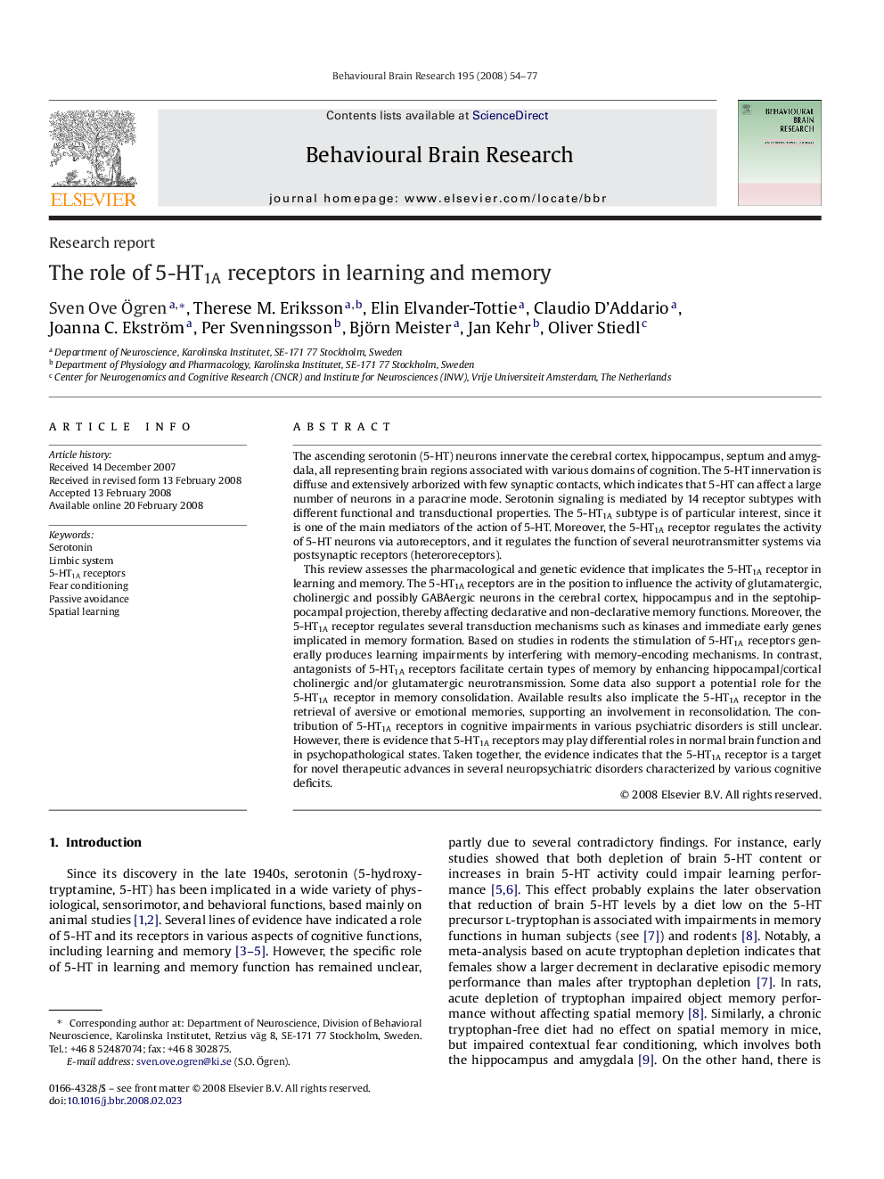 The role of 5-HT1A receptors in learning and memory