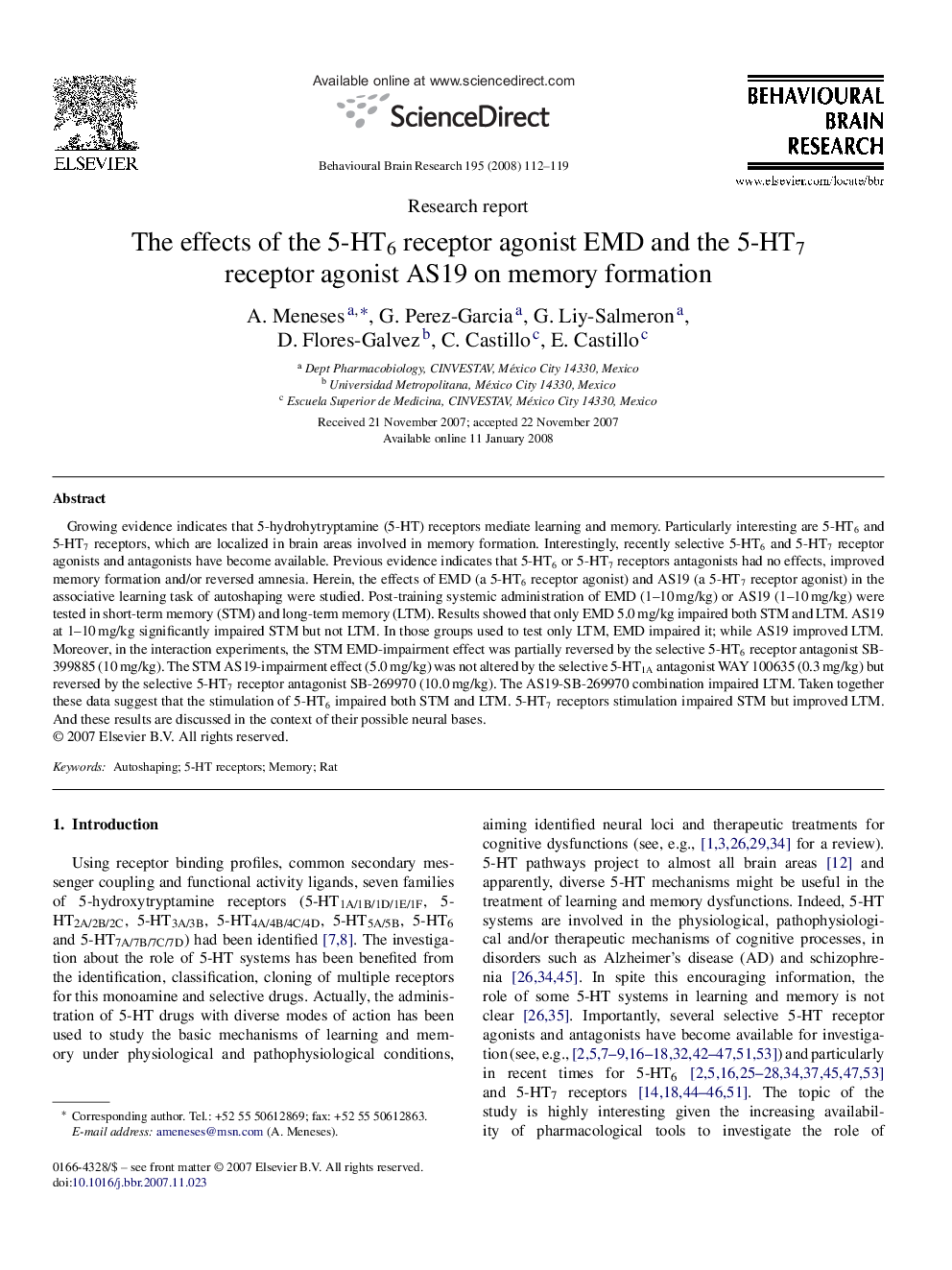 The effects of the 5-HT6 receptor agonist EMD and the 5-HT7 receptor agonist AS19 on memory formation