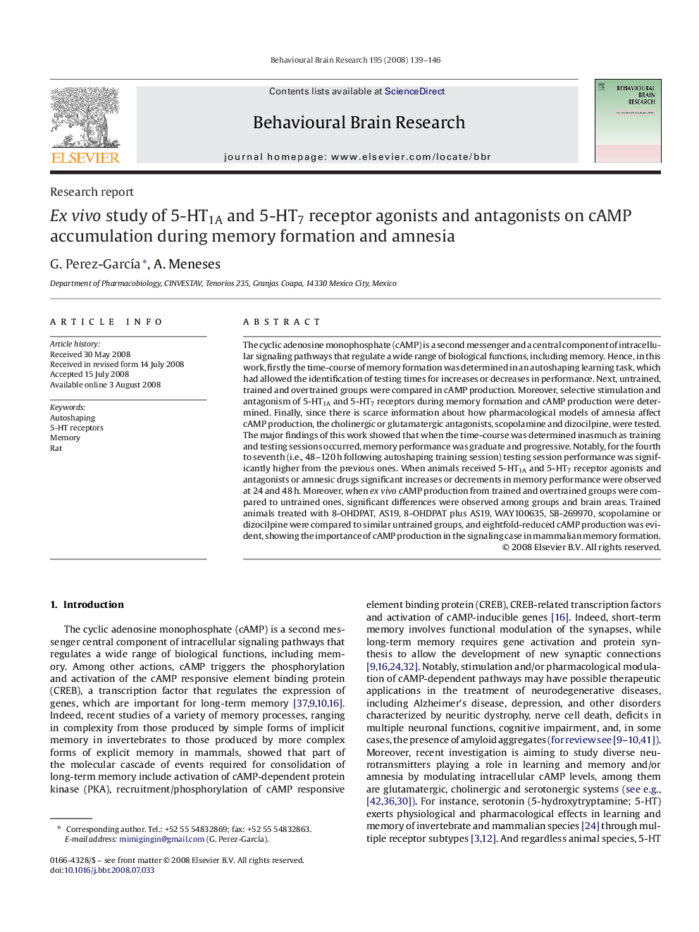 Ex vivo study of 5-HT1A and 5-HT7 receptor agonists and antagonists on cAMP accumulation during memory formation and amnesia