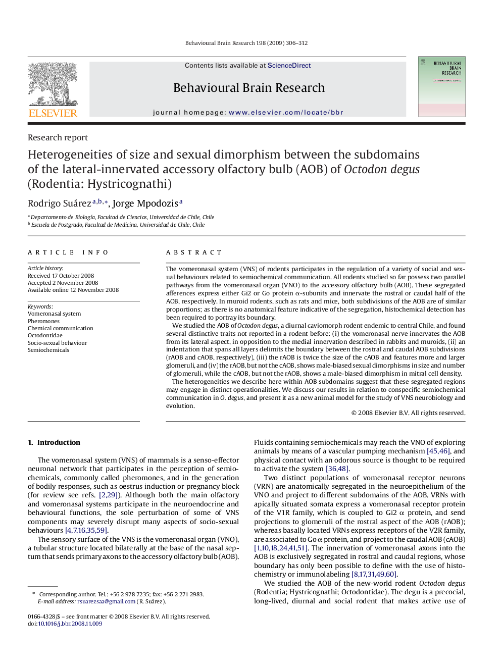 Heterogeneities of size and sexual dimorphism between the subdomains of the lateral-innervated accessory olfactory bulb (AOB) of Octodon degus (Rodentia: Hystricognathi)