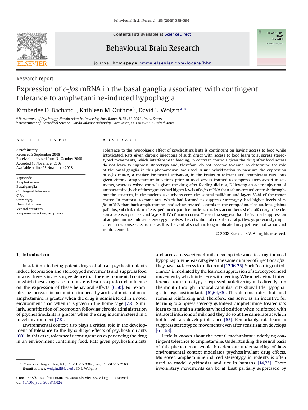 Expression of c-fos mRNA in the basal ganglia associated with contingent tolerance to amphetamine-induced hypophagia