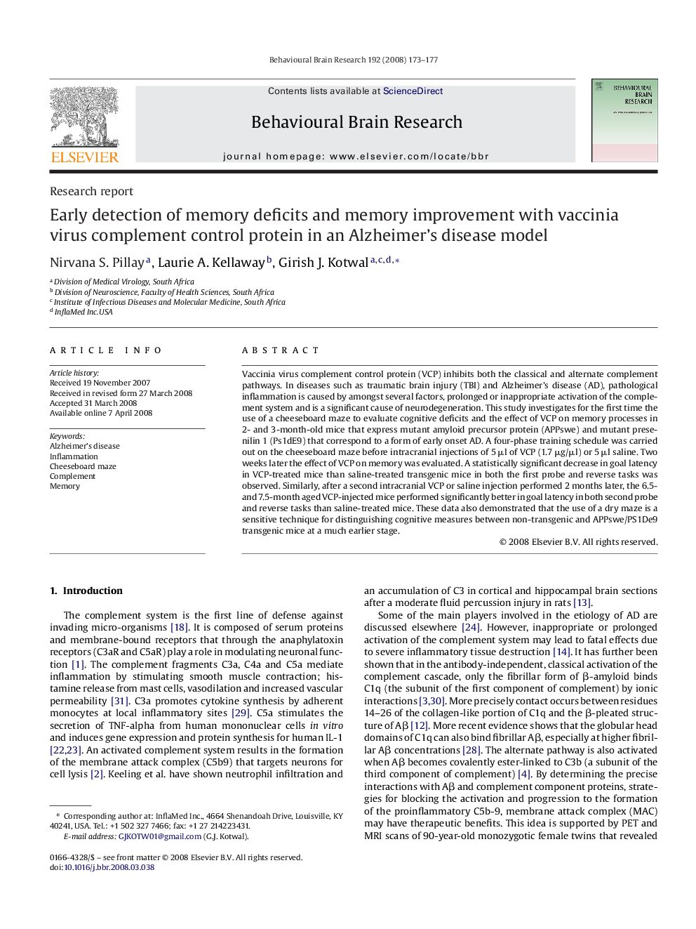 Early detection of memory deficits and memory improvement with vaccinia virus complement control protein in an Alzheimer's disease model