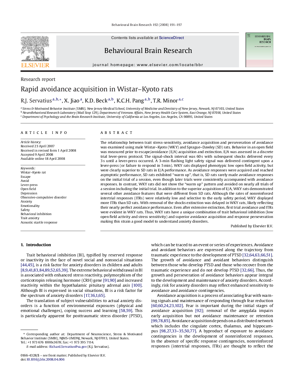 Rapid avoidance acquisition in Wistar–Kyoto rats