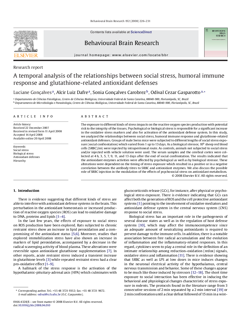 A temporal analysis of the relationships between social stress, humoral immune response and glutathione-related antioxidant defenses