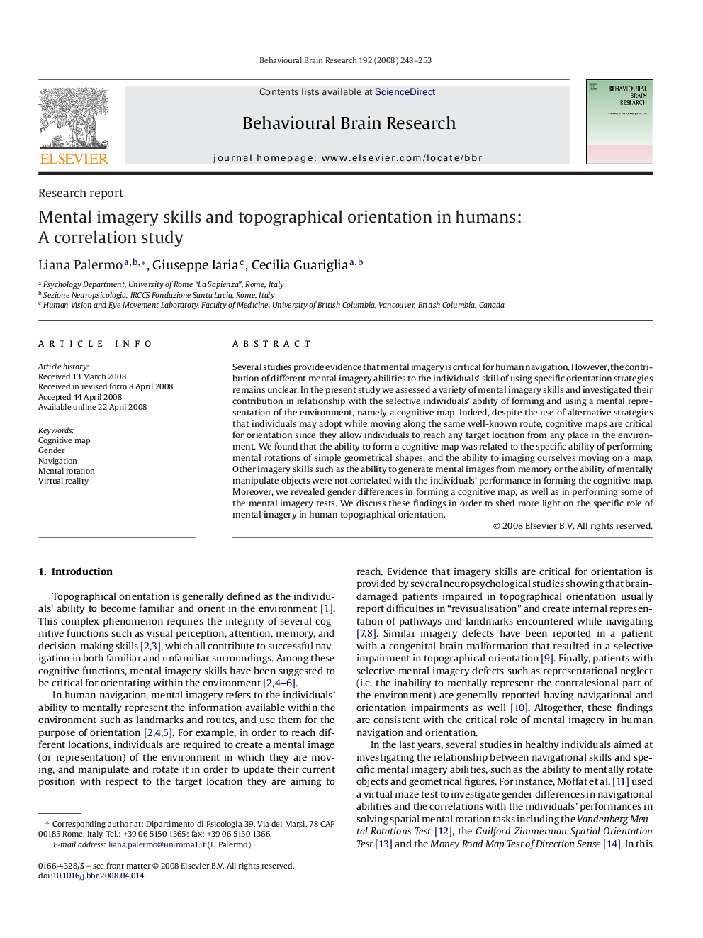 Mental imagery skills and topographical orientation in humans: A correlation study