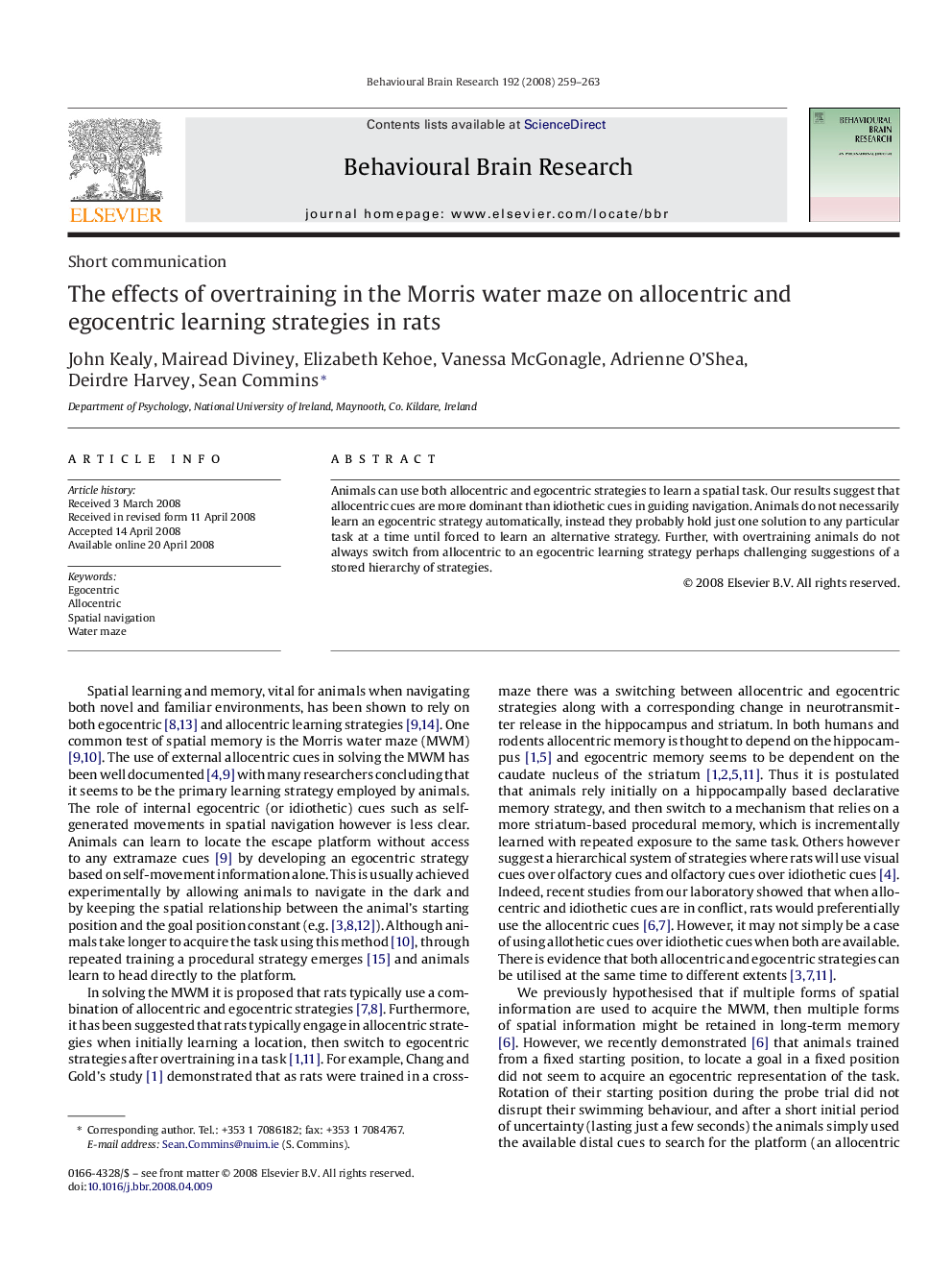 The effects of overtraining in the Morris water maze on allocentric and egocentric learning strategies in rats