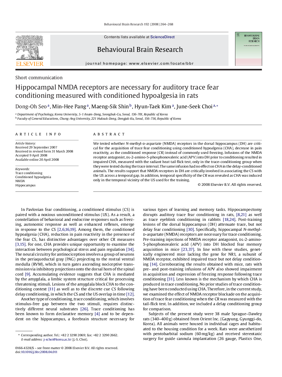 Hippocampal NMDA receptors are necessary for auditory trace fear conditioning measured with conditioned hypoalgesia in rats