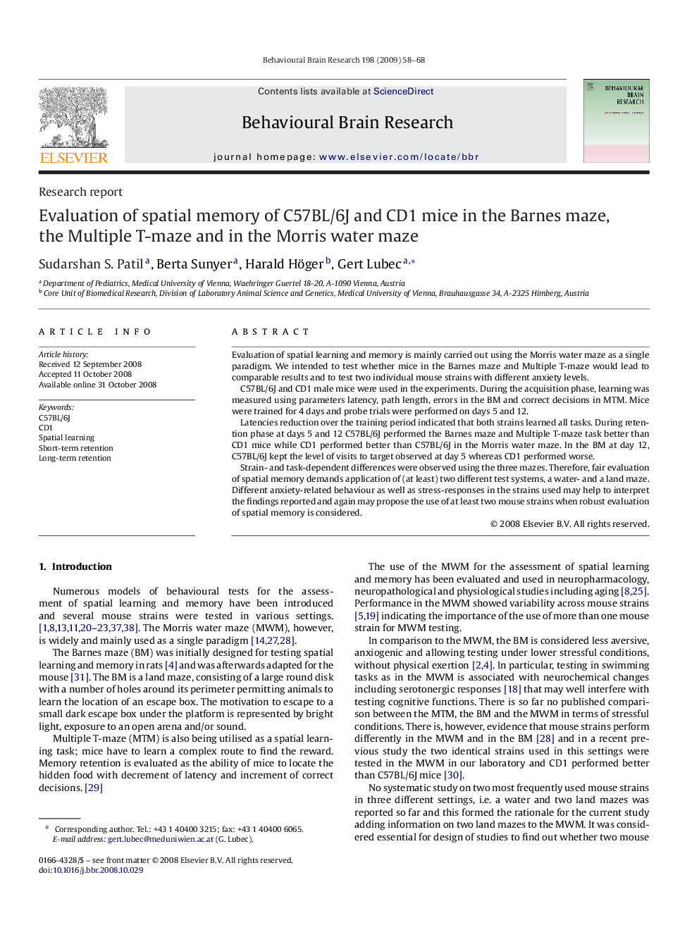 Evaluation of spatial memory of C57BL/6J and CD1 mice in the Barnes maze, the Multiple T-maze and in the Morris water maze