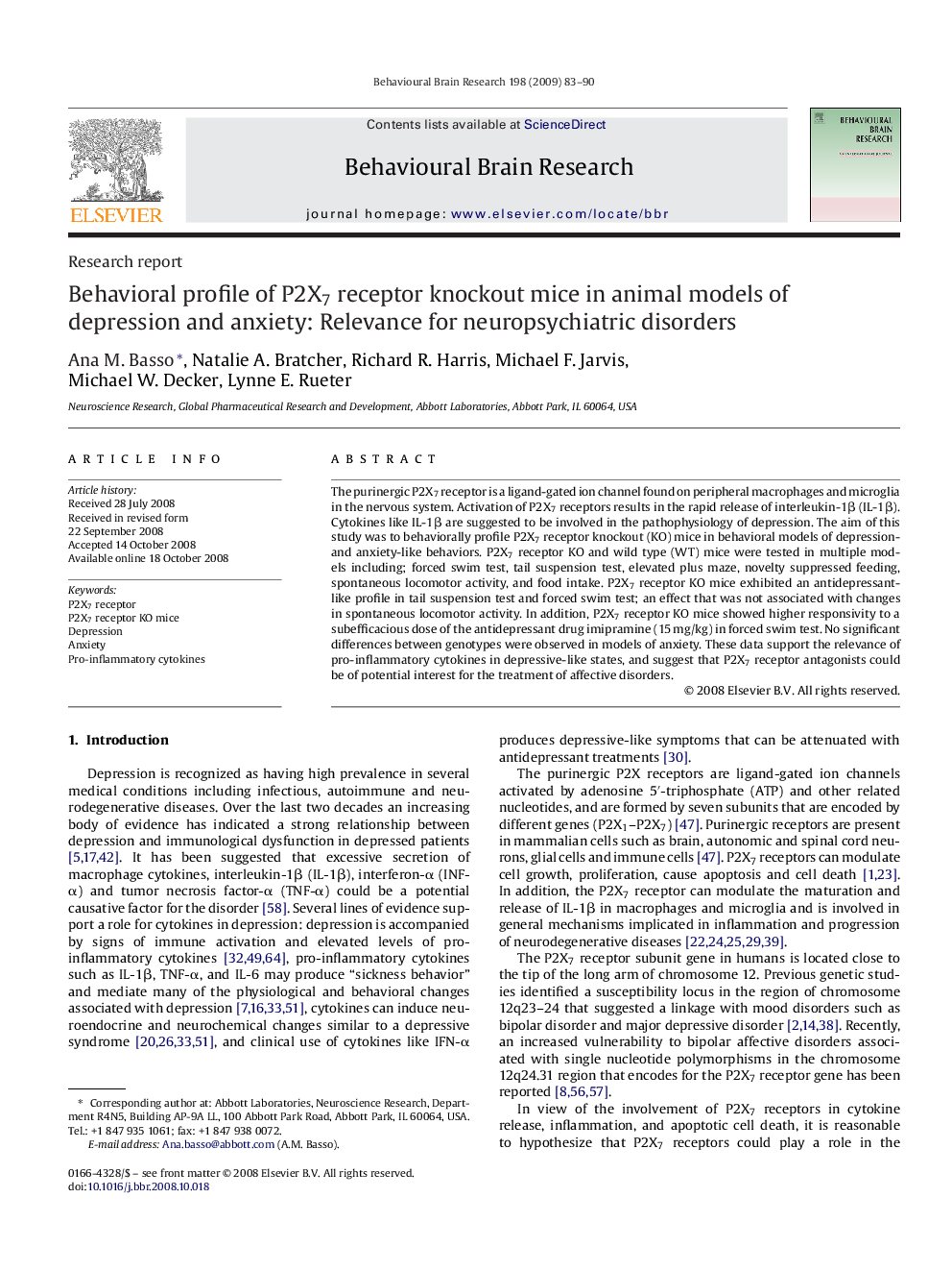 Behavioral profile of P2X7 receptor knockout mice in animal models of depression and anxiety: Relevance for neuropsychiatric disorders