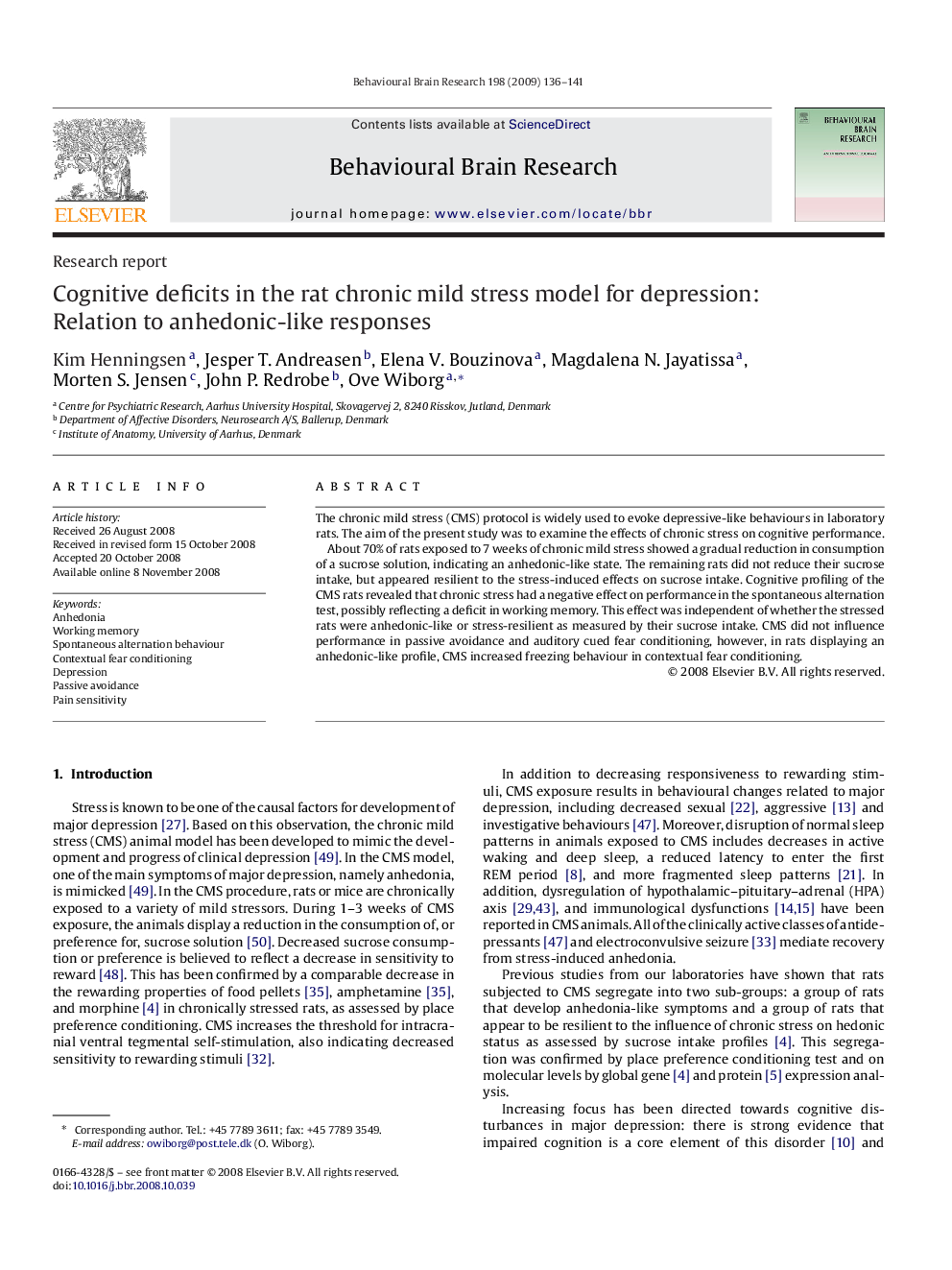 Cognitive deficits in the rat chronic mild stress model for depression: Relation to anhedonic-like responses