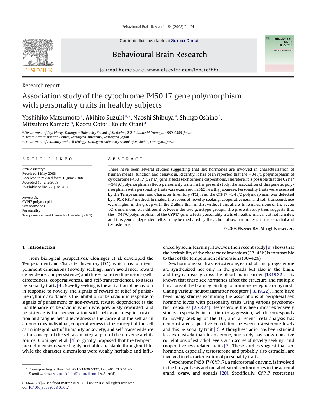 Association study of the cytochrome P450 17 gene polymorphism with personality traits in healthy subjects