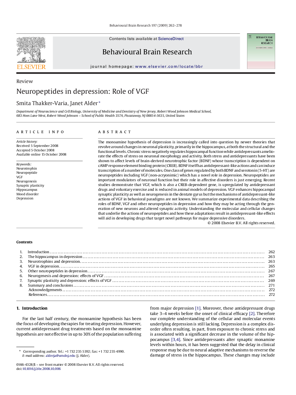 Neuropeptides in depression: Role of VGF