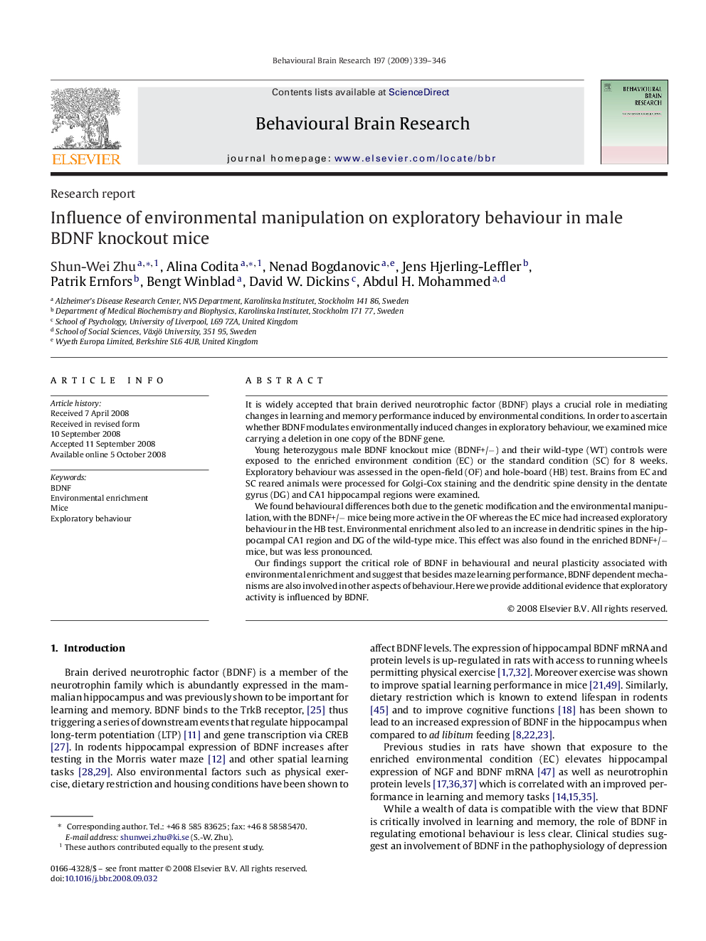 Influence of environmental manipulation on exploratory behaviour in male BDNF knockout mice