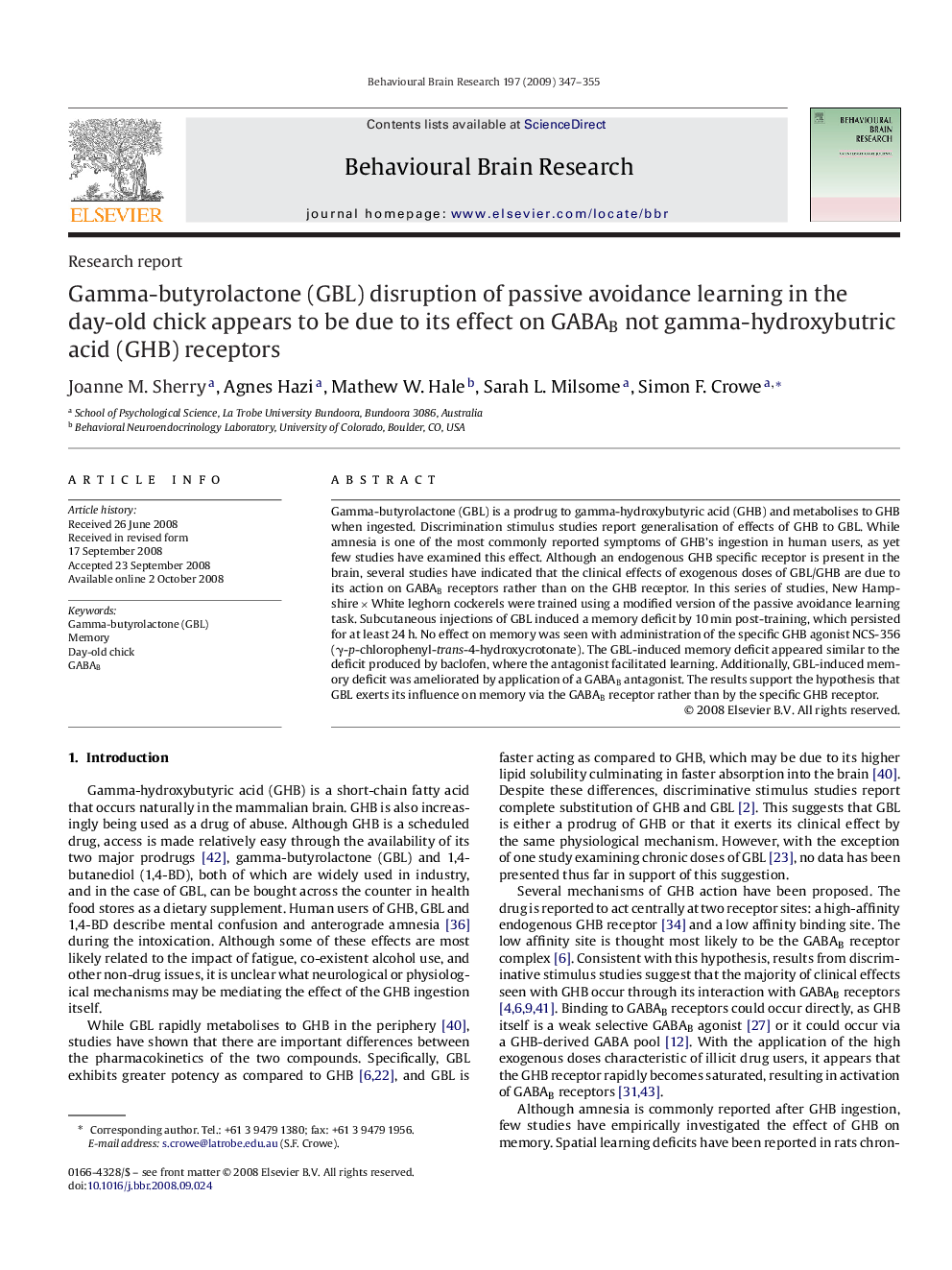 Gamma-butyrolactone (GBL) disruption of passive avoidance learning in the day-old chick appears to be due to its effect on GABAB not gamma-hydroxybutric acid (GHB) receptors