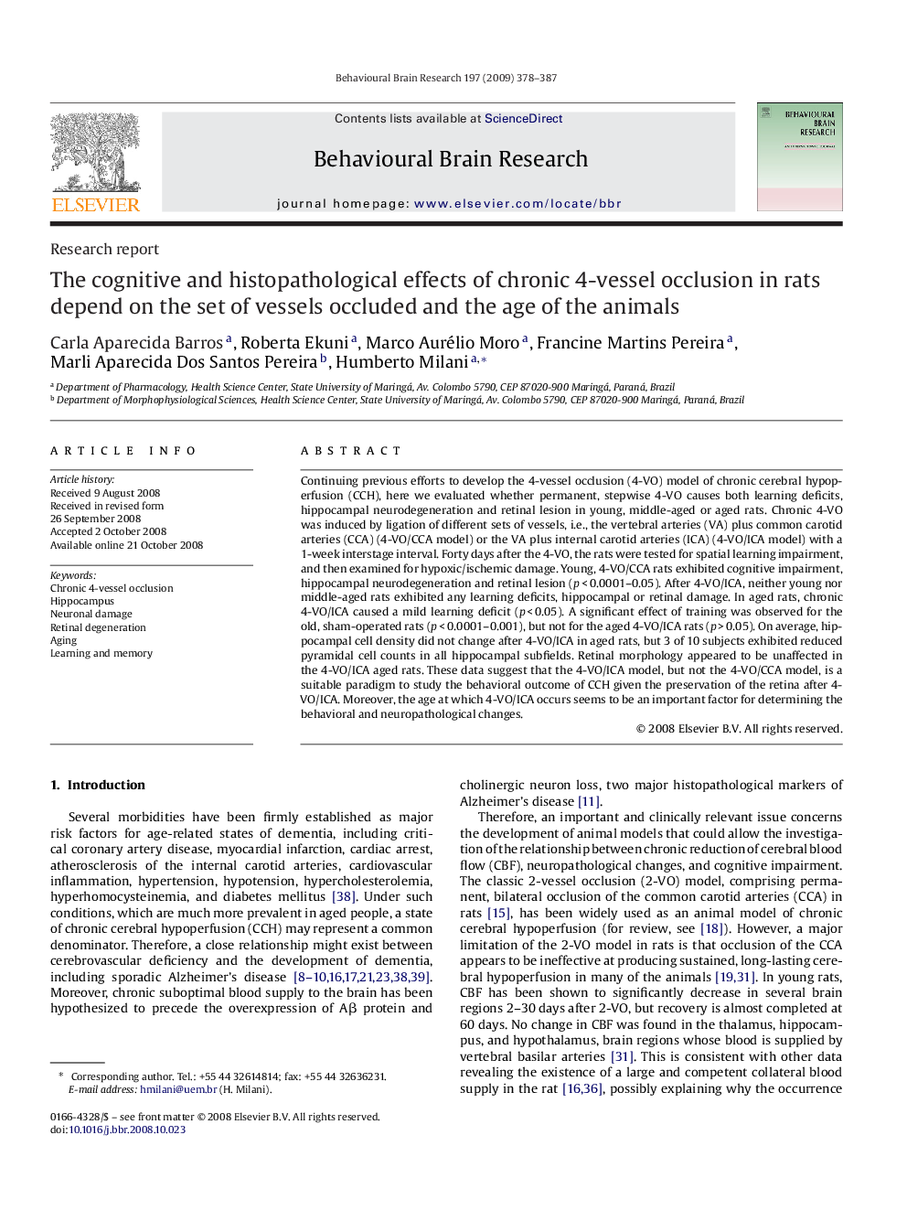 The cognitive and histopathological effects of chronic 4-vessel occlusion in rats depend on the set of vessels occluded and the age of the animals