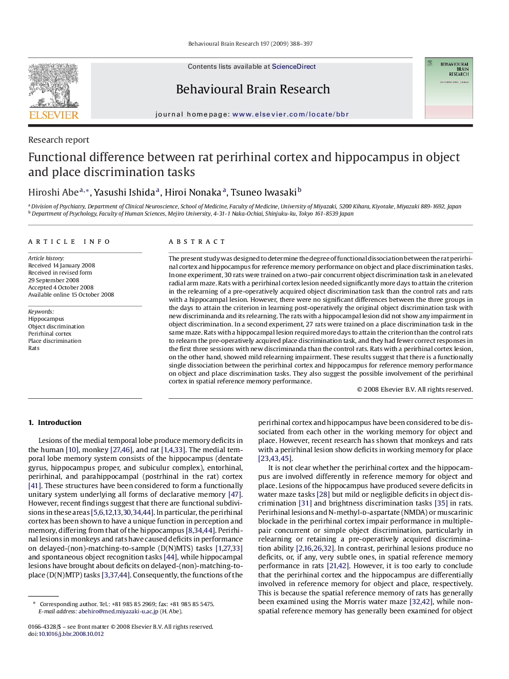 Functional difference between rat perirhinal cortex and hippocampus in object and place discrimination tasks