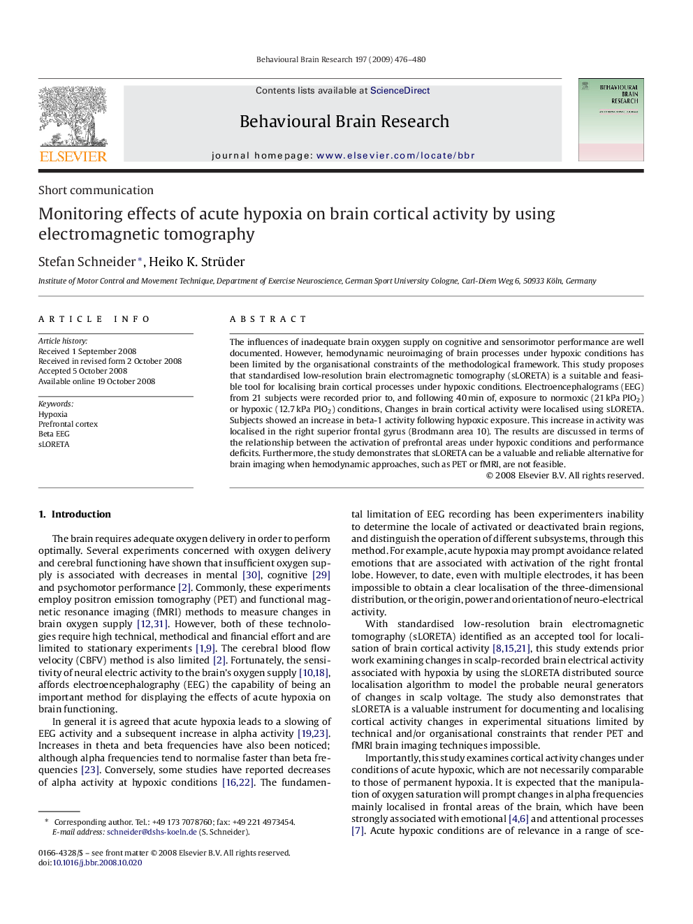 Monitoring effects of acute hypoxia on brain cortical activity by using electromagnetic tomography