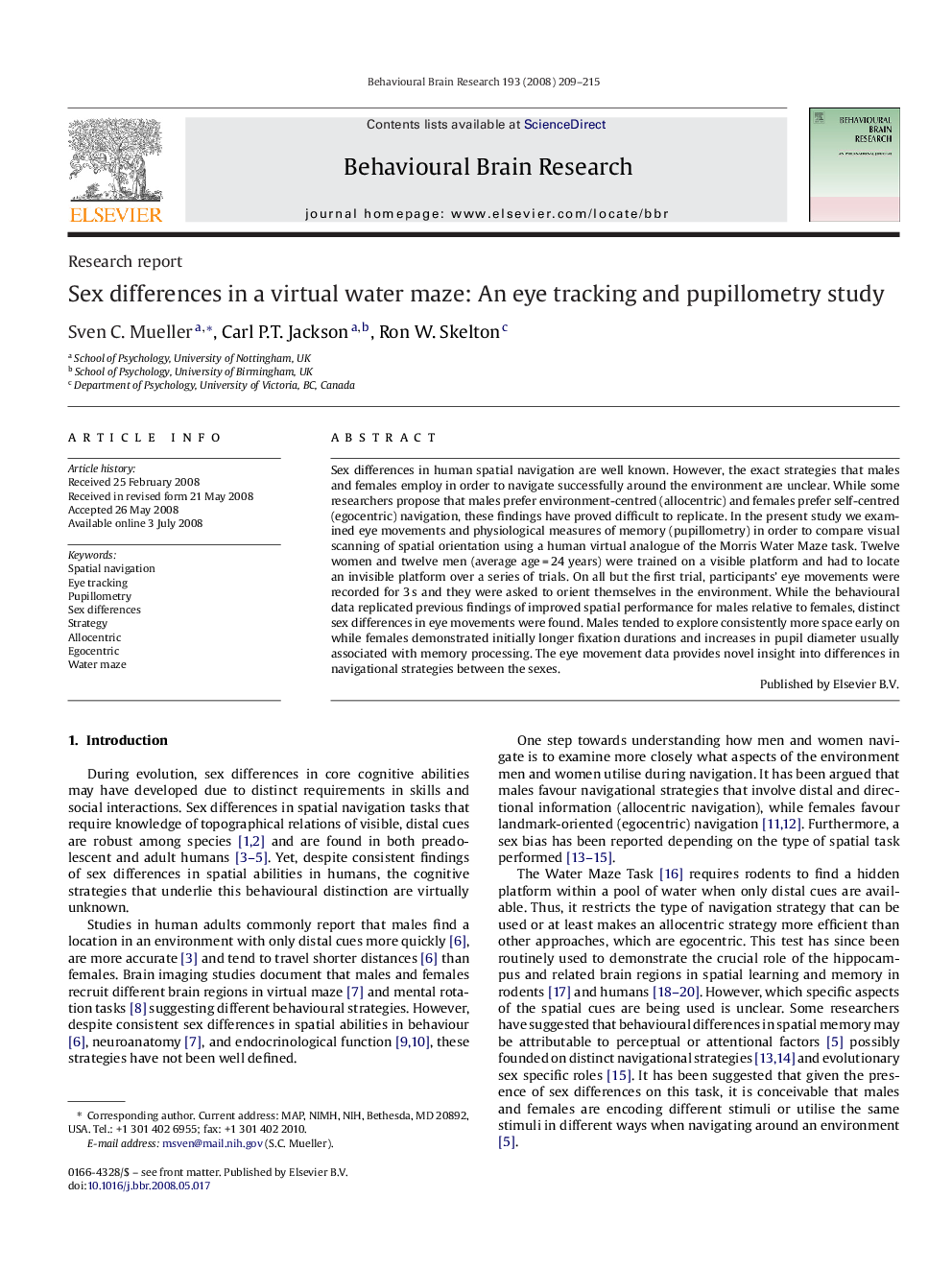 Sex differences in a virtual water maze: An eye tracking and pupillometry study