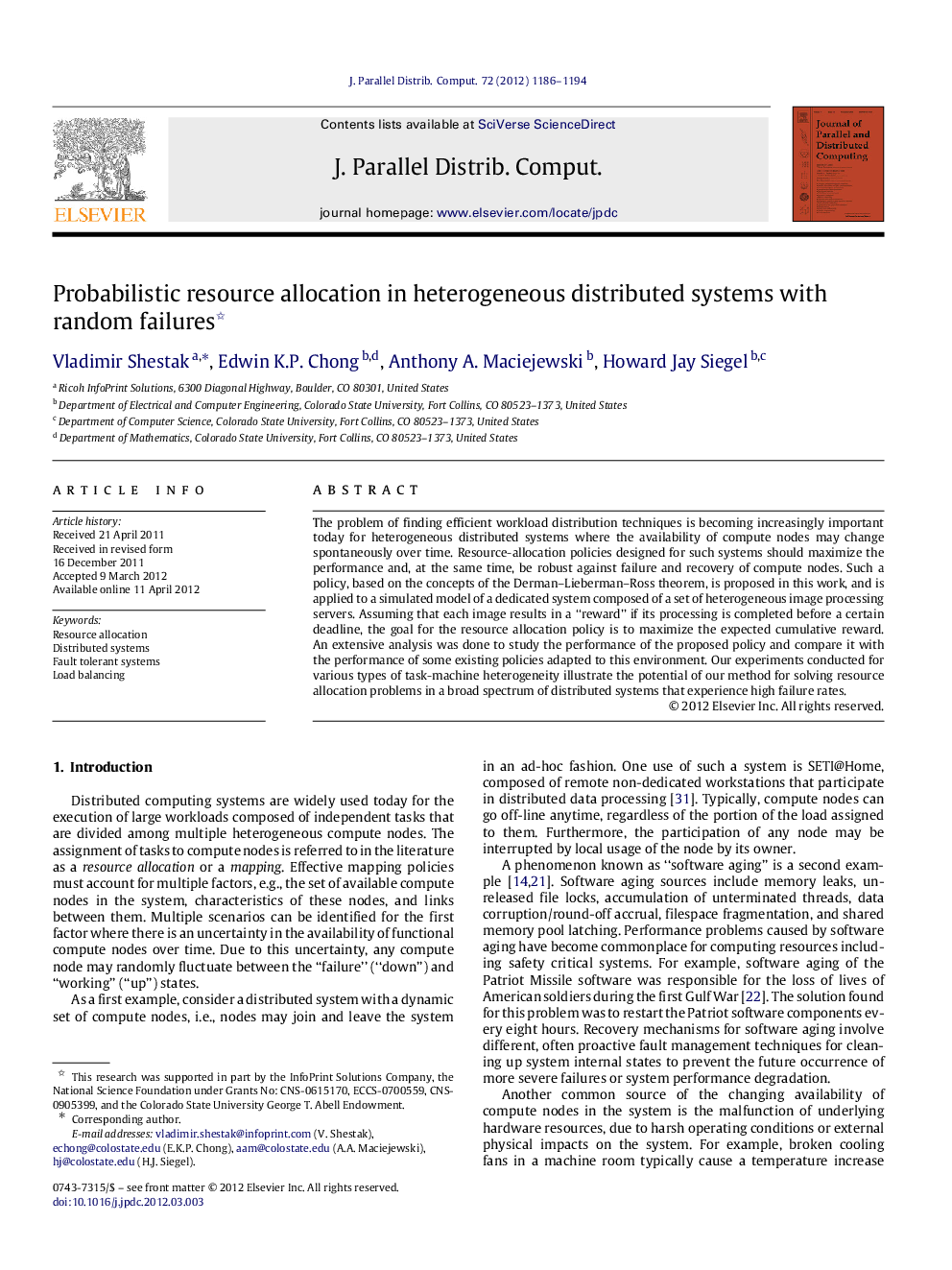 Probabilistic resource allocation in heterogeneous distributed systems with random failures 