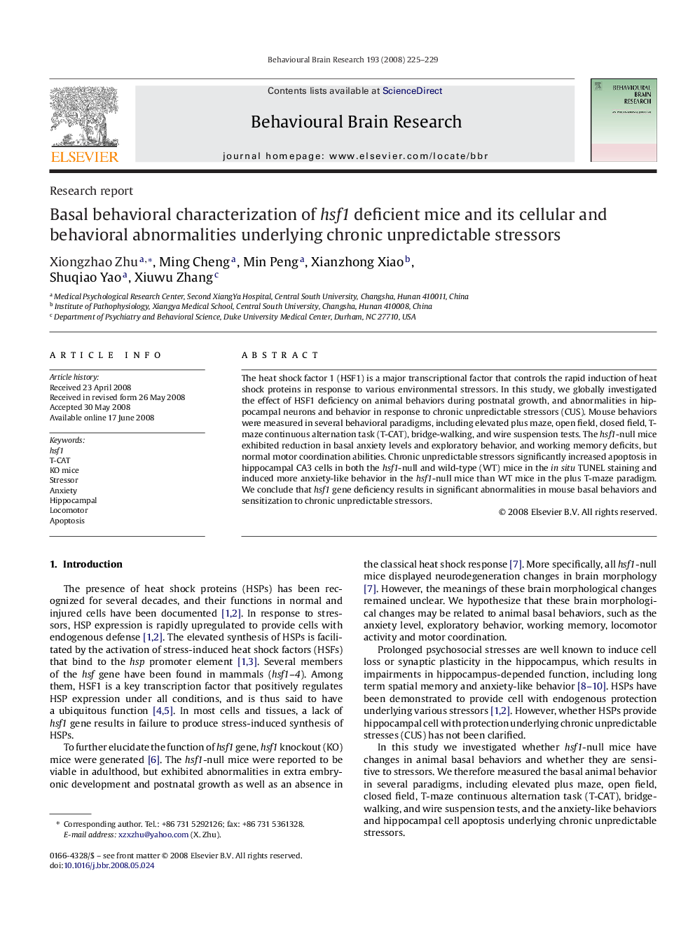 Basal behavioral characterization of hsf1 deficient mice and its cellular and behavioral abnormalities underlying chronic unpredictable stressors