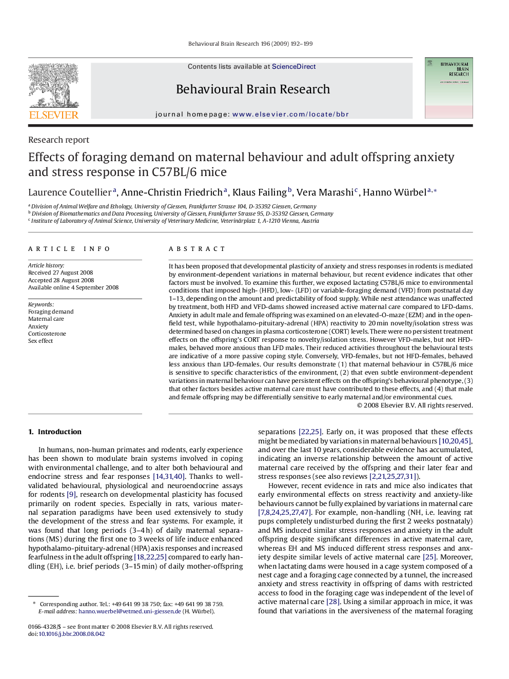 Effects of foraging demand on maternal behaviour and adult offspring anxiety and stress response in C57BL/6 mice