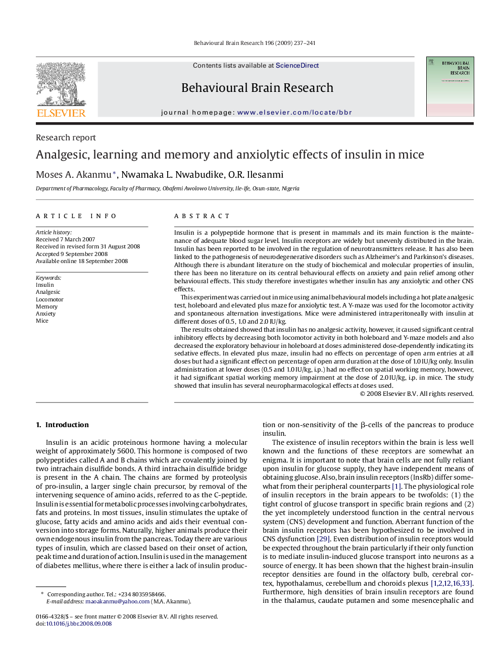 Analgesic, learning and memory and anxiolytic effects of insulin in mice