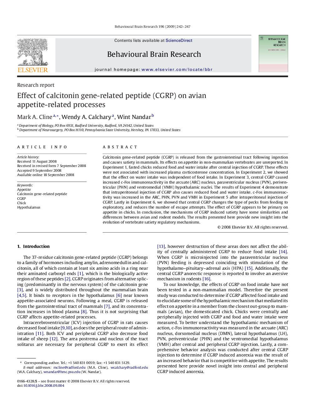 Effect of calcitonin gene-related peptide (CGRP) on avian appetite-related processes