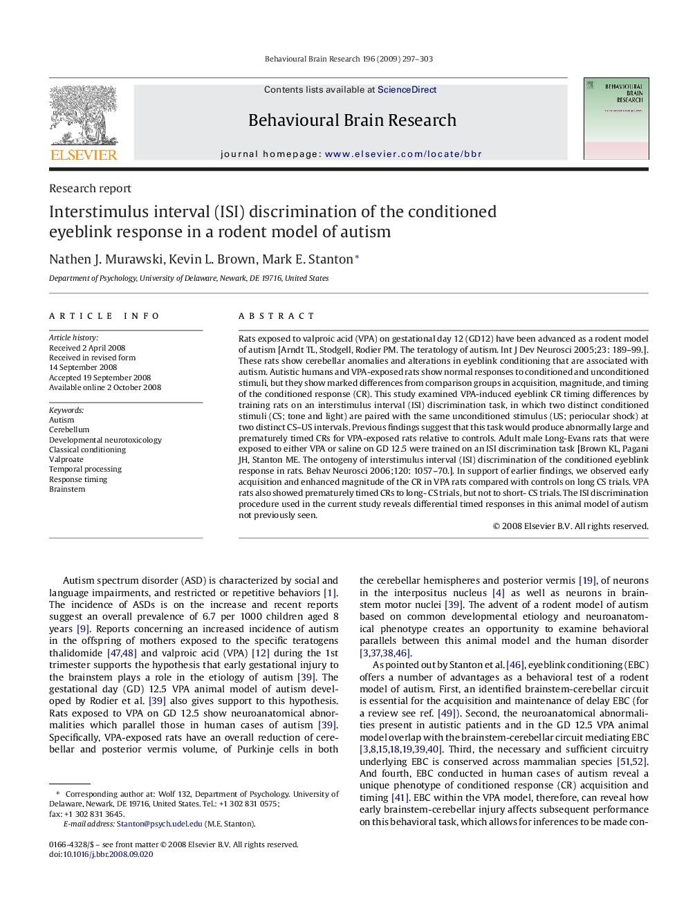 Interstimulus interval (ISI) discrimination of the conditioned eyeblink response in a rodent model of autism