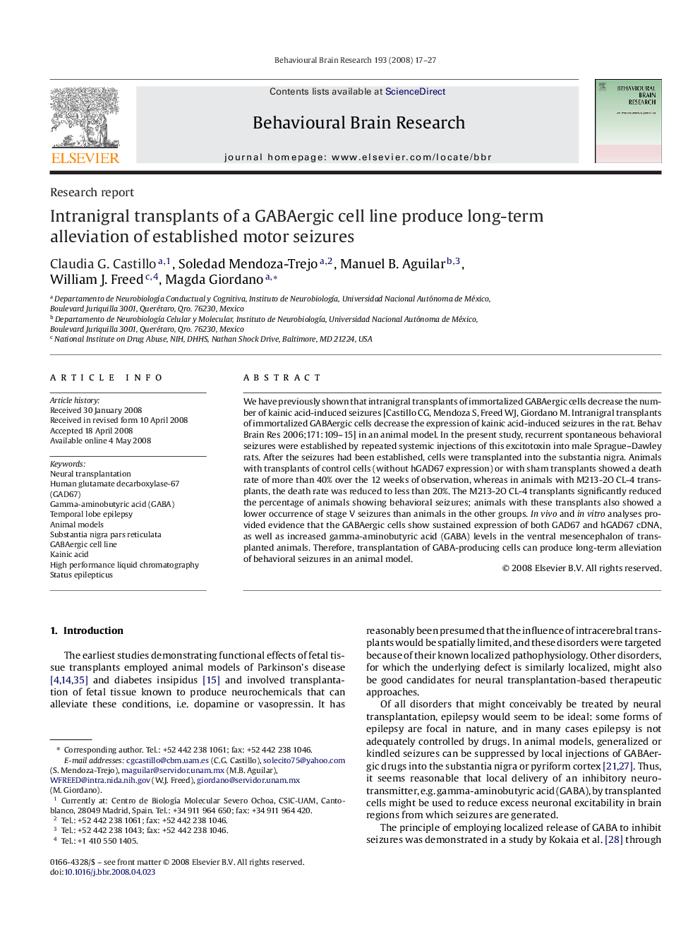 Intranigral transplants of a GABAergic cell line produce long-term alleviation of established motor seizures