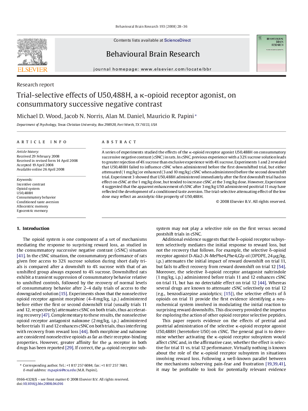 Trial-selective effects of U50,488H, a κ-opioid receptor agonist, on consummatory successive negative contrast