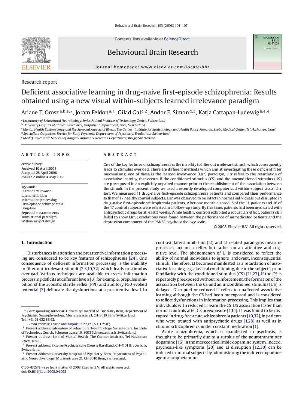 Deficient associative learning in drug-naive first-episode schizophrenia: Results obtained using a new visual within-subjects learned irrelevance paradigm