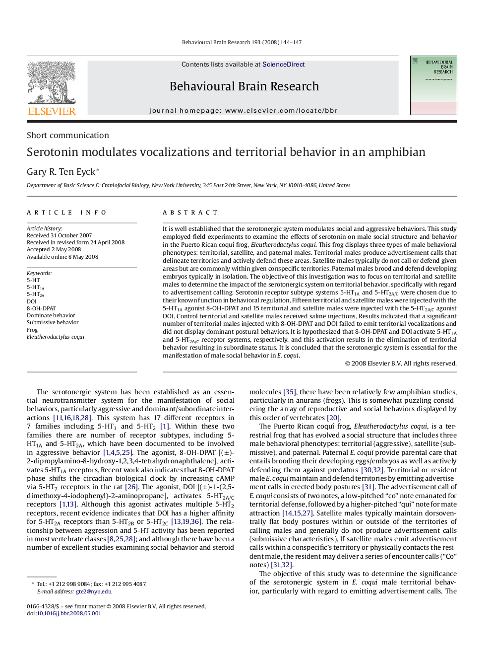 Serotonin modulates vocalizations and territorial behavior in an amphibian