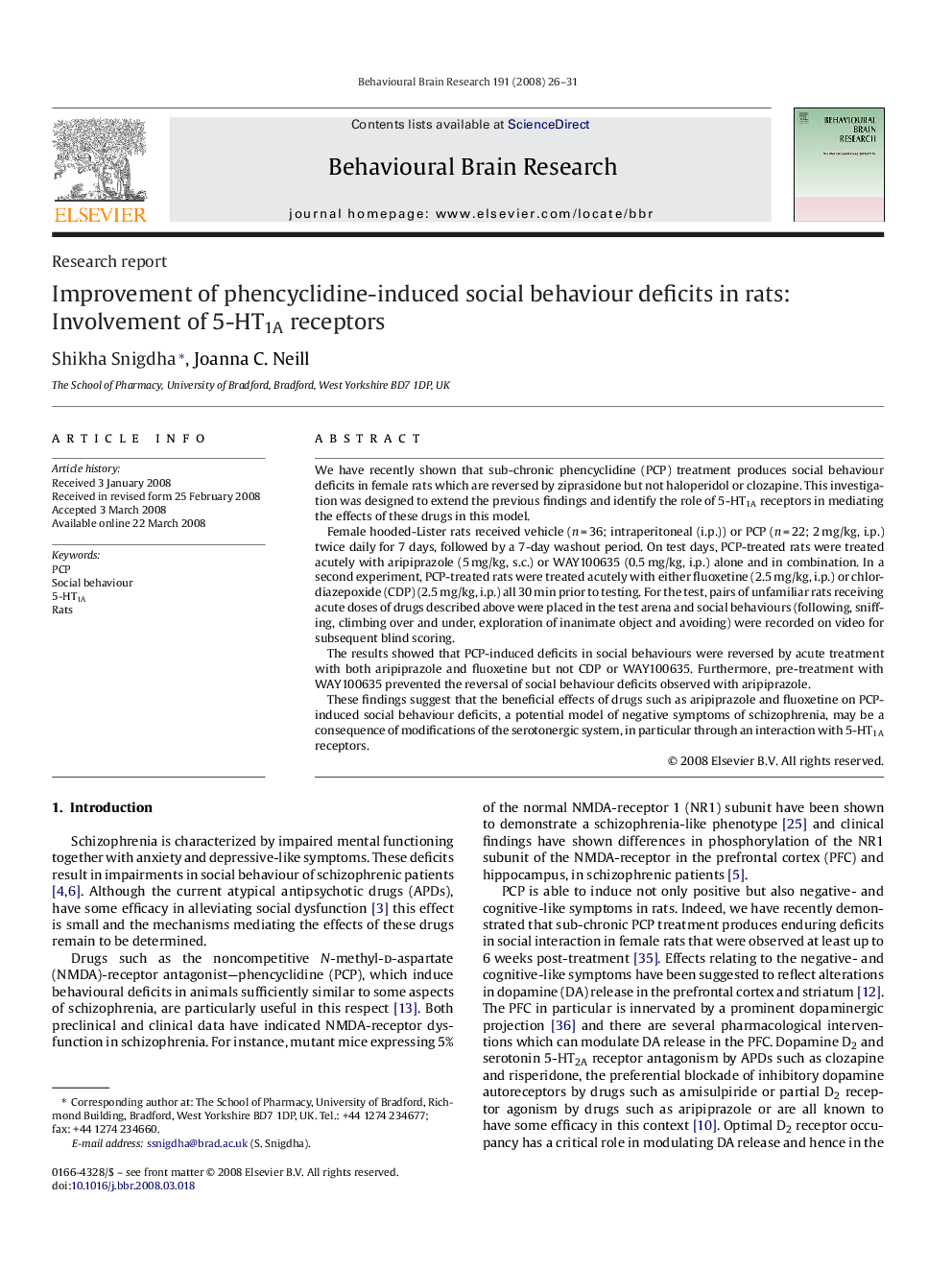 Improvement of phencyclidine-induced social behaviour deficits in rats: Involvement of 5-HT1A receptors