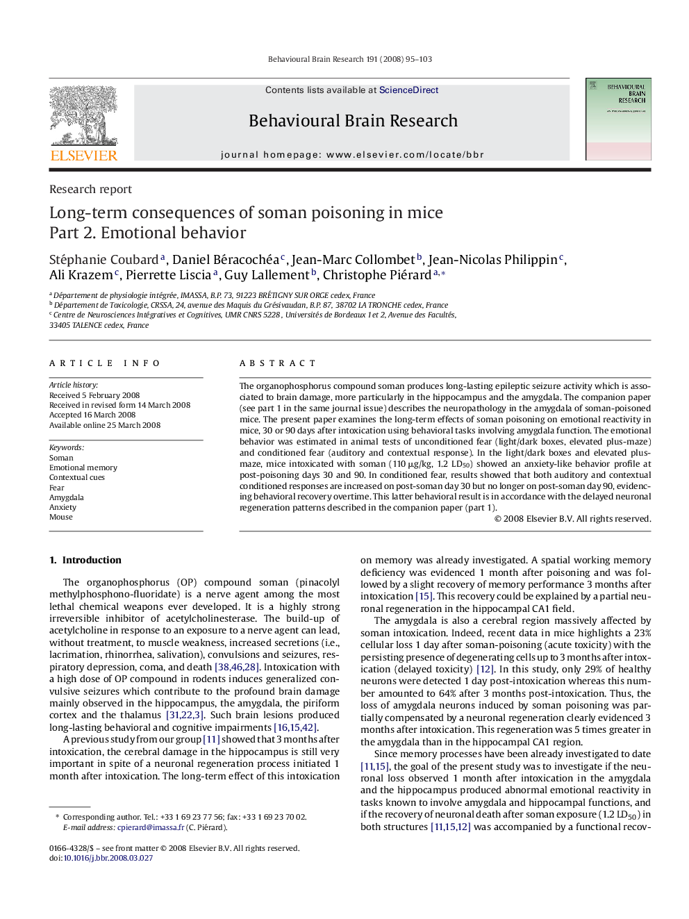 Long-term consequences of soman poisoning in mice: Part 2. Emotional behavior