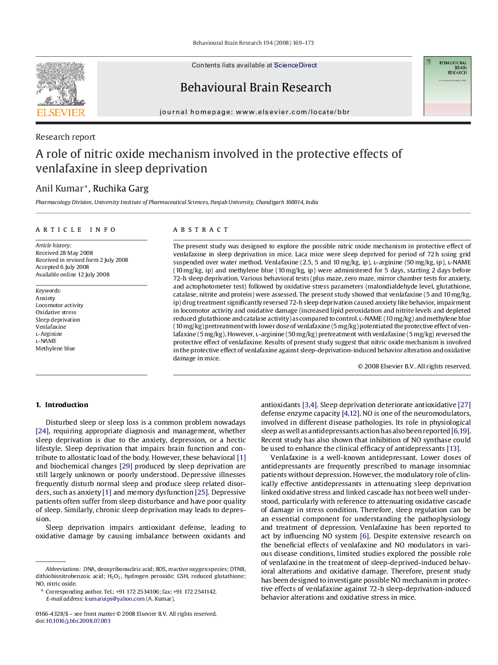 A role of nitric oxide mechanism involved in the protective effects of venlafaxine in sleep deprivation