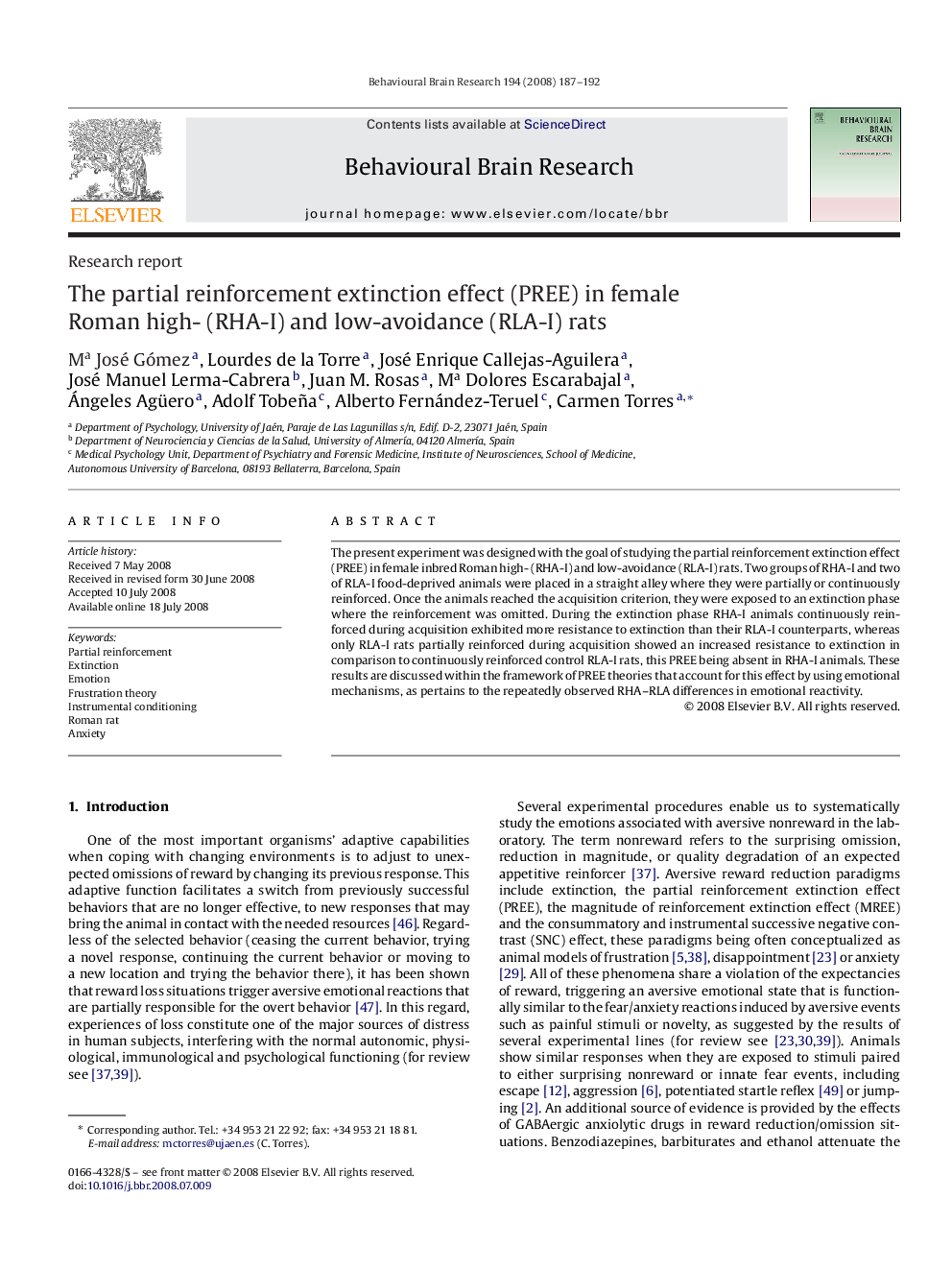 The partial reinforcement extinction effect (PREE) in female Roman high- (RHA-I) and low-avoidance (RLA-I) rats