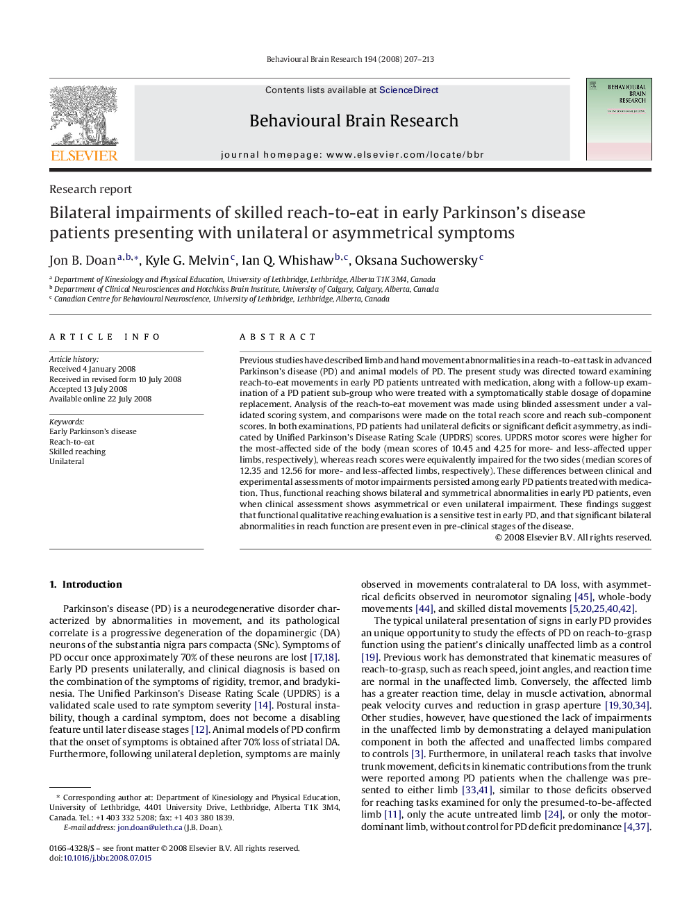 Bilateral impairments of skilled reach-to-eat in early Parkinson's disease patients presenting with unilateral or asymmetrical symptoms