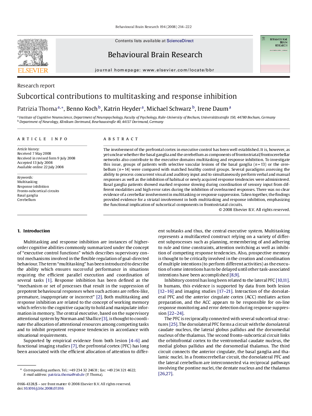 Subcortical contributions to multitasking and response inhibition