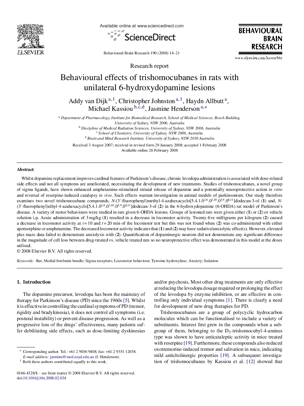 Behavioural effects of trishomocubanes in rats with unilateral 6-hydroxydopamine lesions