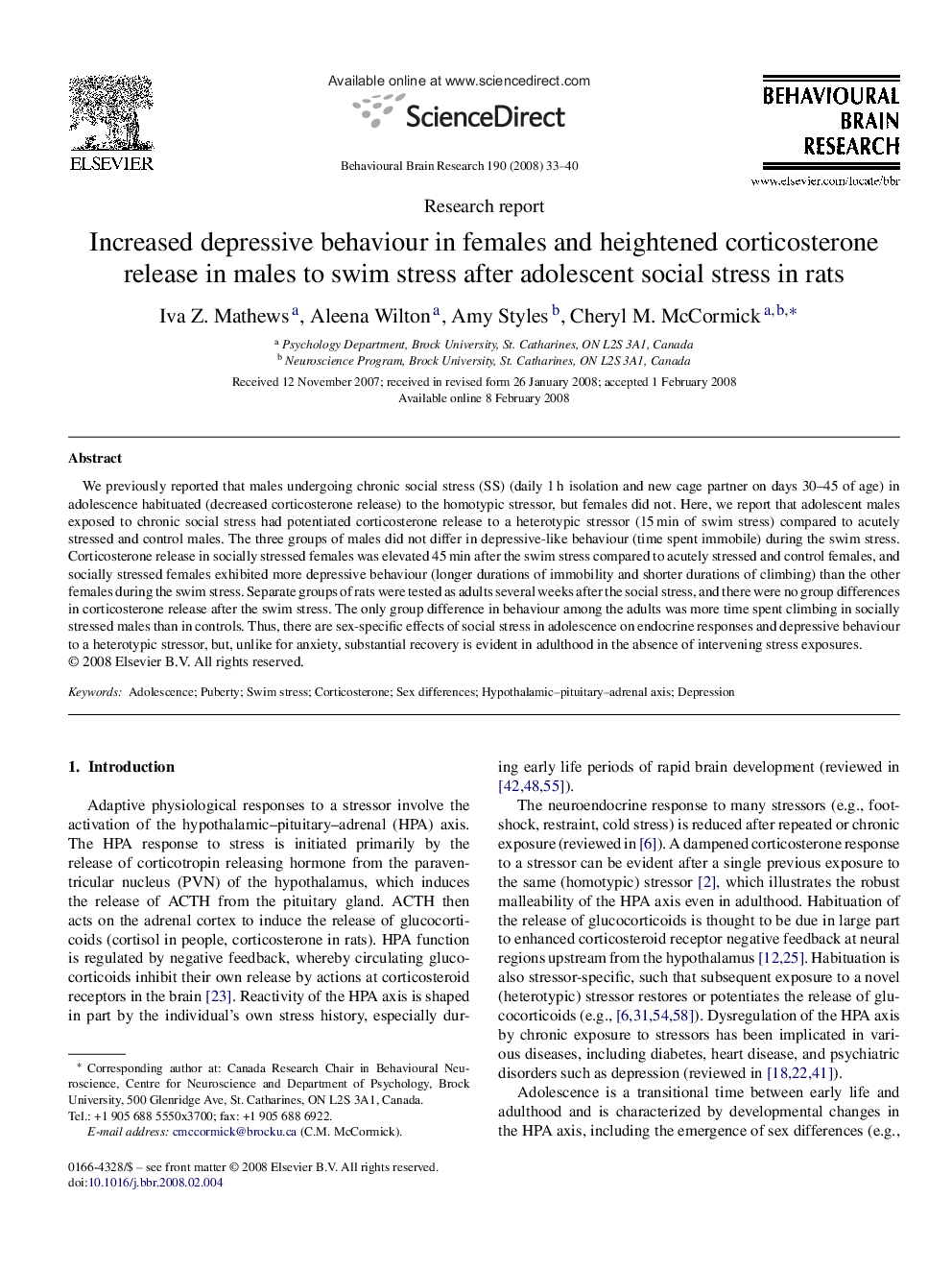 Increased depressive behaviour in females and heightened corticosterone release in males to swim stress after adolescent social stress in rats