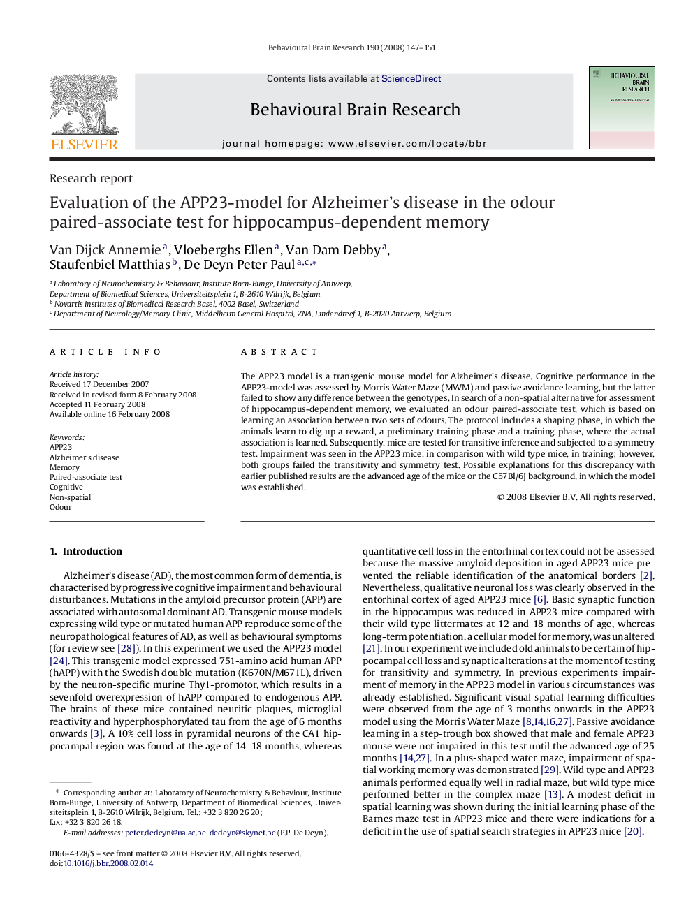 Evaluation of the APP23-model for Alzheimer's disease in the odour paired-associate test for hippocampus-dependent memory